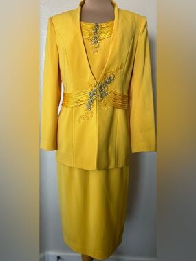 Women's Yellow Embellished Skirt Set with Structured Jacket